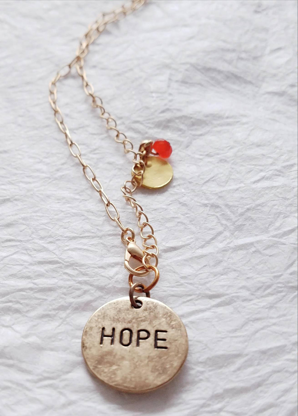 Inspirational Carnelian Rondelle Hope Charm Matte Goldtone Necklace, MB101726: Season of Hope