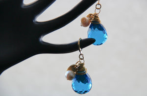 Azure Blue Large Briolette Gold Coin Pearl Charm Leverback Drop Charm Earrings