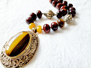 Tiger Eye Bead and Pendant Yellow Agate Stone Repousee Toggle Clasp Statement Necklace