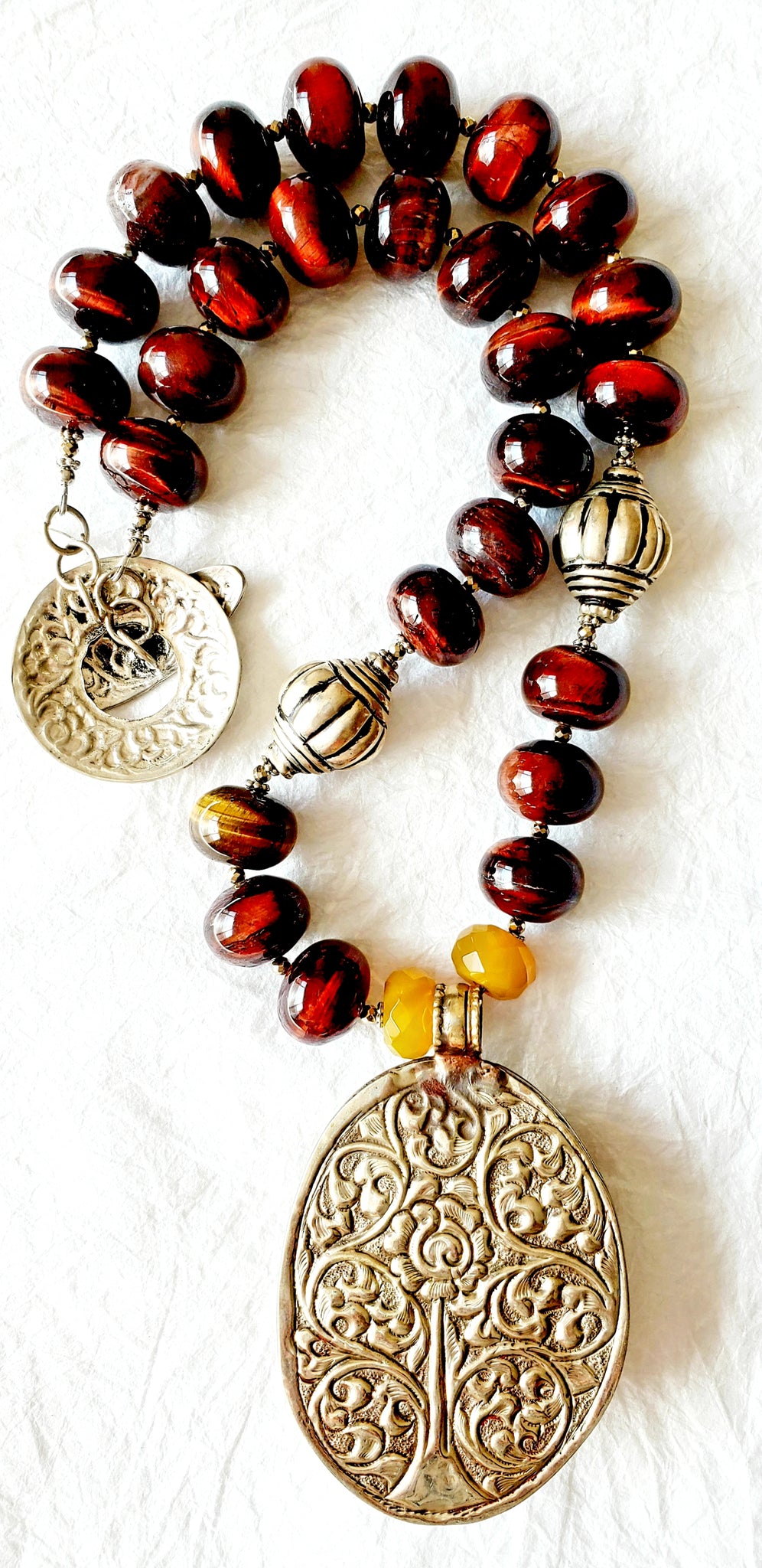 Tiger Eye Bead and Pendant Yellow Agate Stone Repousee Toggle Clasp Statement Necklace