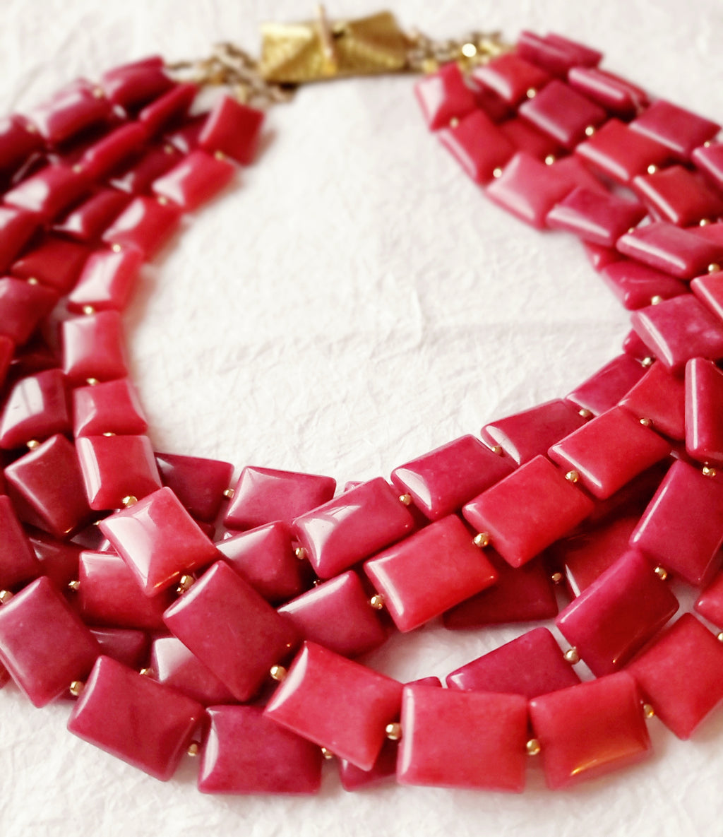 Raspberry Squares 6 Strand Multistrand Pink Berry Fuchsia Statement Necklace 
