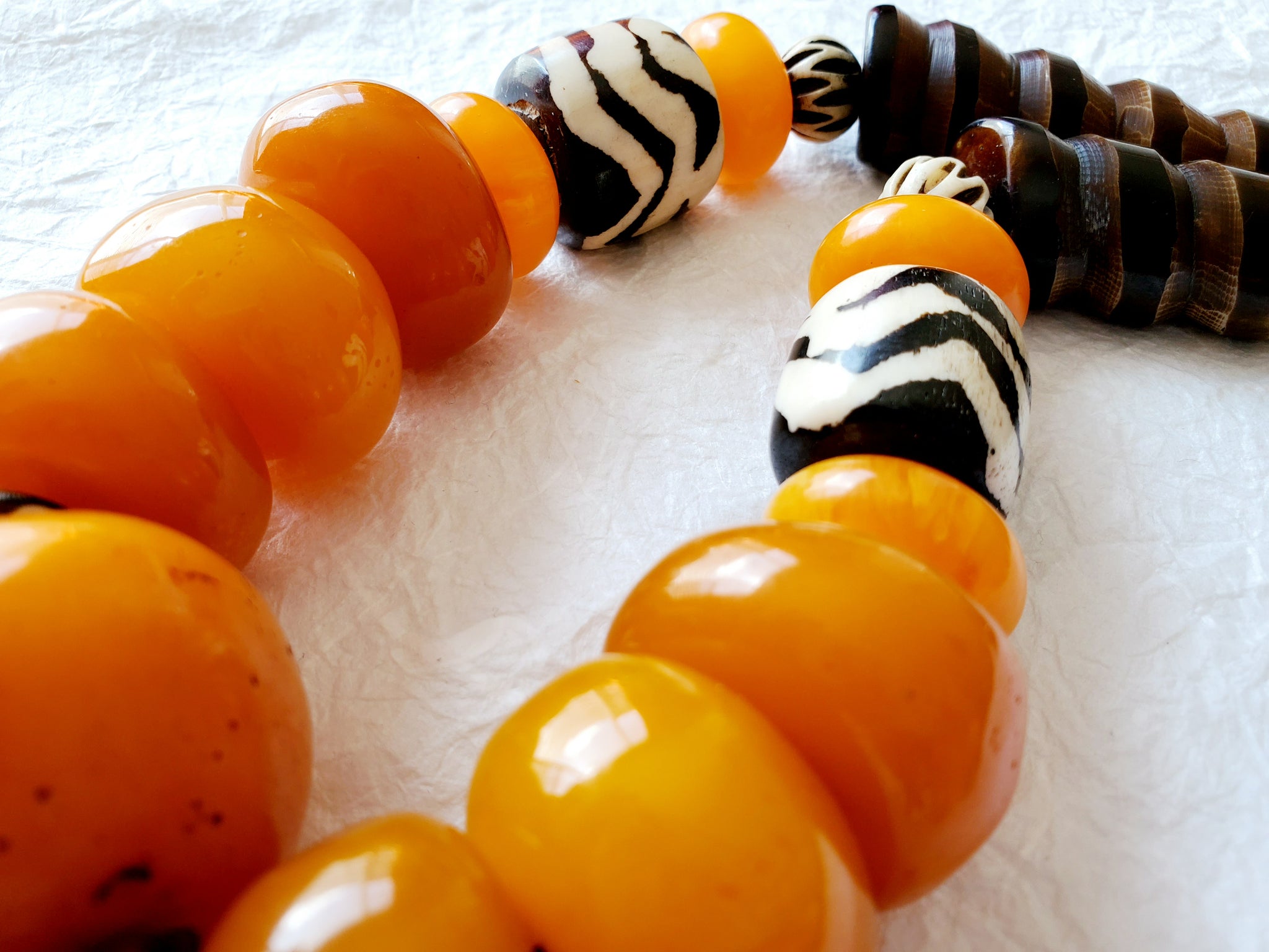 Orange Chunky Copal Amber Beads Carved Spiral Bone Focal