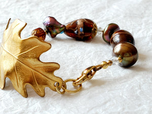 Textured Solid Brass Leaf and Purple Glass Lampwork Beads Statement Bracelet, India Arie