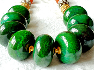 Chunky Emerald Green Agate Orange Rondelle Necklace
