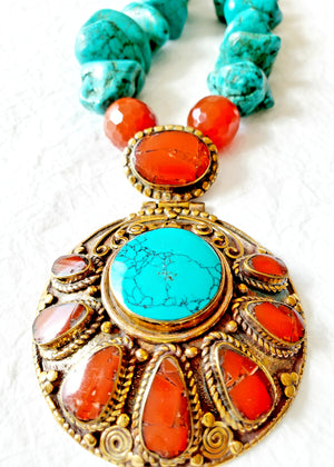 Rustic Turquoise Nuggets Carnelian Rondelle Stones Solid Brass Handmade Nepalese Carnelian and Turquoise Repousee Pendant, The Lanya