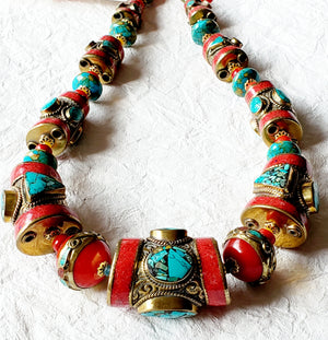 Graduated Solid Brass Coral & Turquoise Inlaid Nepalese Bold Statement Necklace, NRR15302 Tru Deity