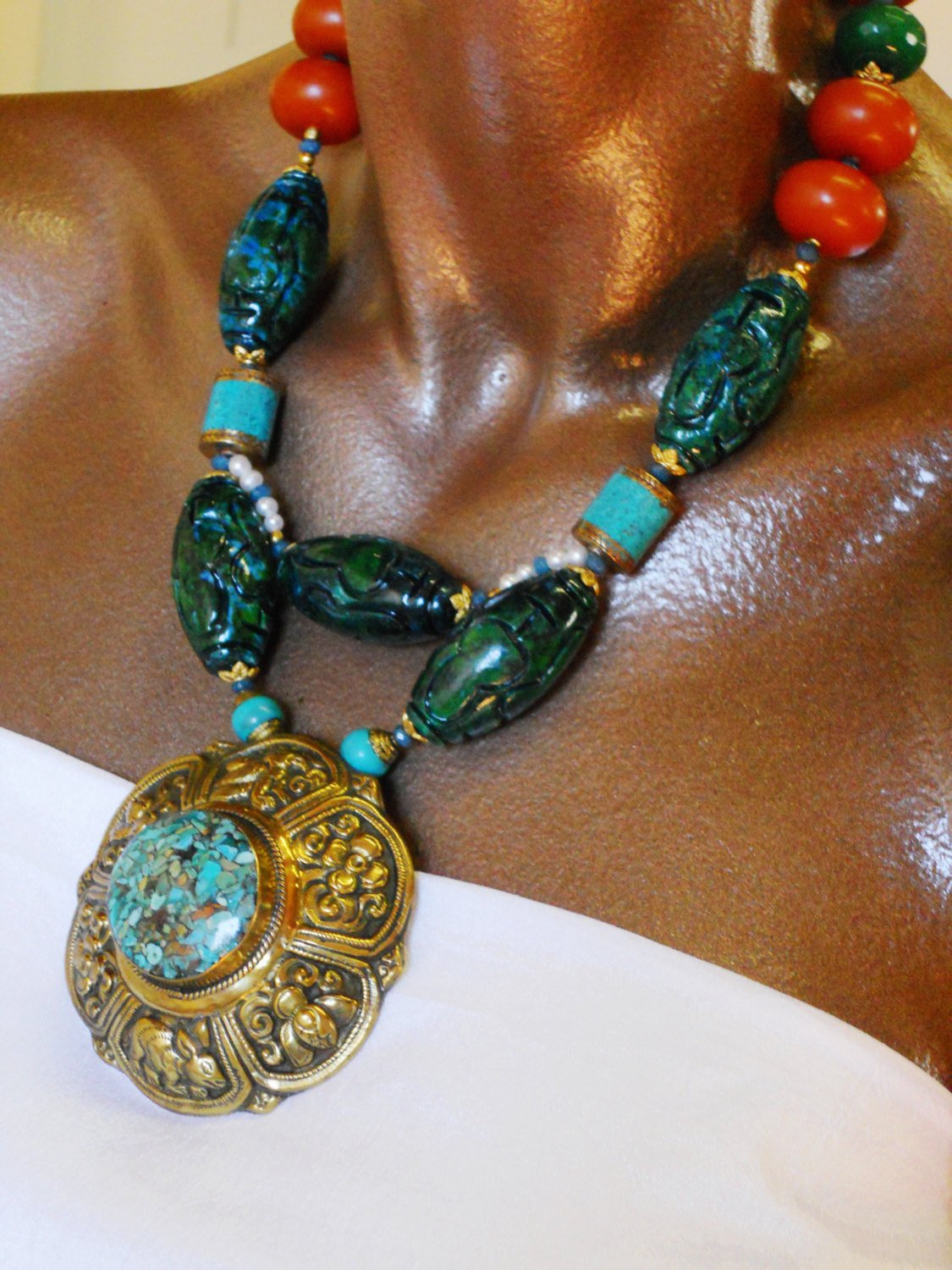 Mosaic Turquoise Dark Orange Amber Green Chrysocolla Pearl Brass Repousee Statement Necklace, NRR1532 SaRa Necklace