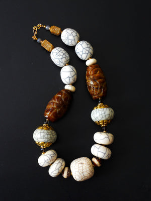 Large White Crackle Repousee Brass Capped Resin and Carved Flower Jade Chunky Bead Ethnic Necklace, NLO16101 Tigris