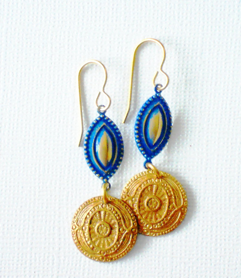 Greek Inspired Royal Blue Patina Coin Brass Dangle Earrings, ELO16923: Lazuli Earrings