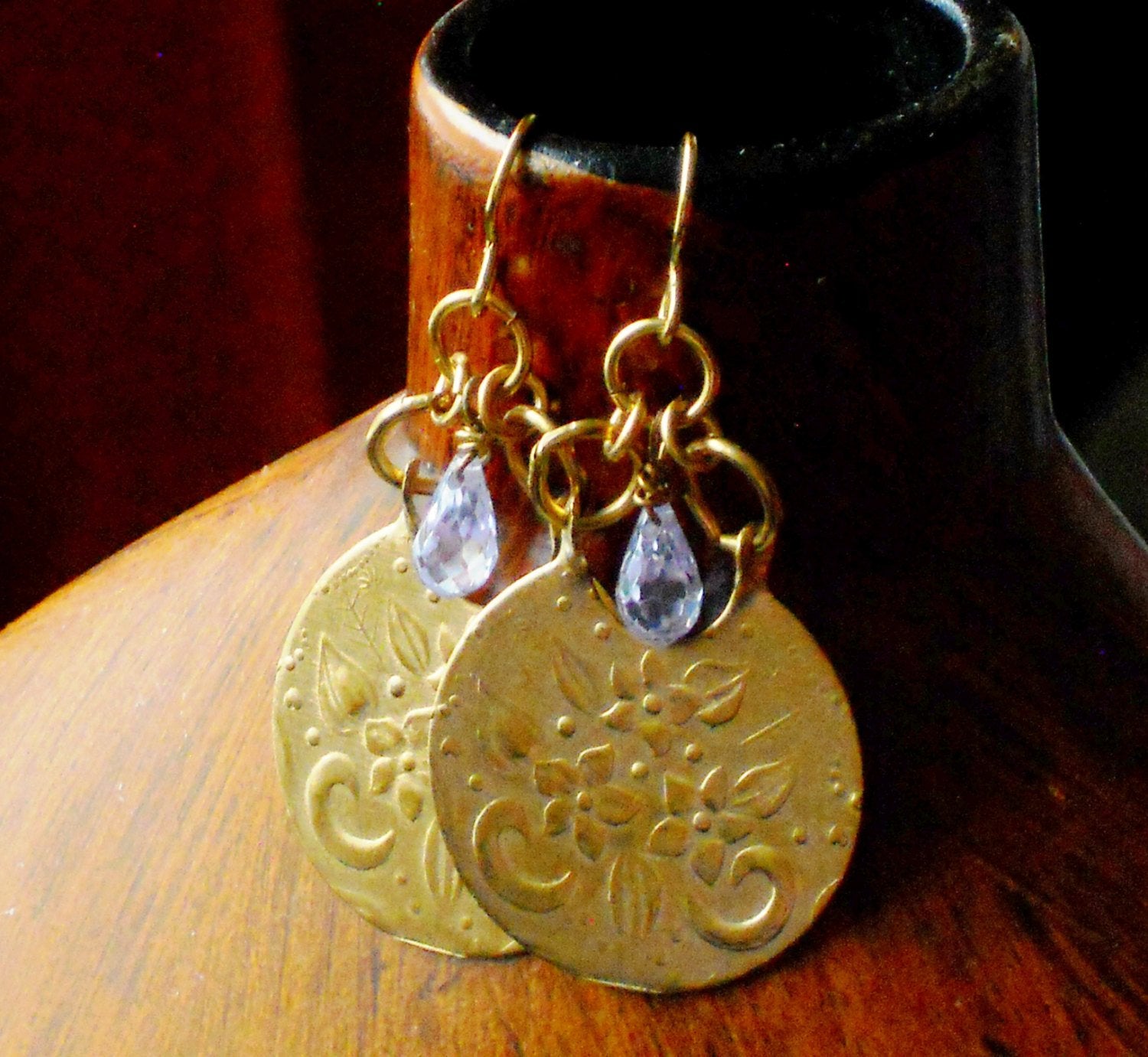 Vintage Inspired Embossed Solid Brass Crescent Lavender Swarovski Briolette Charm Necklace, ELO16922: Le Fleur
