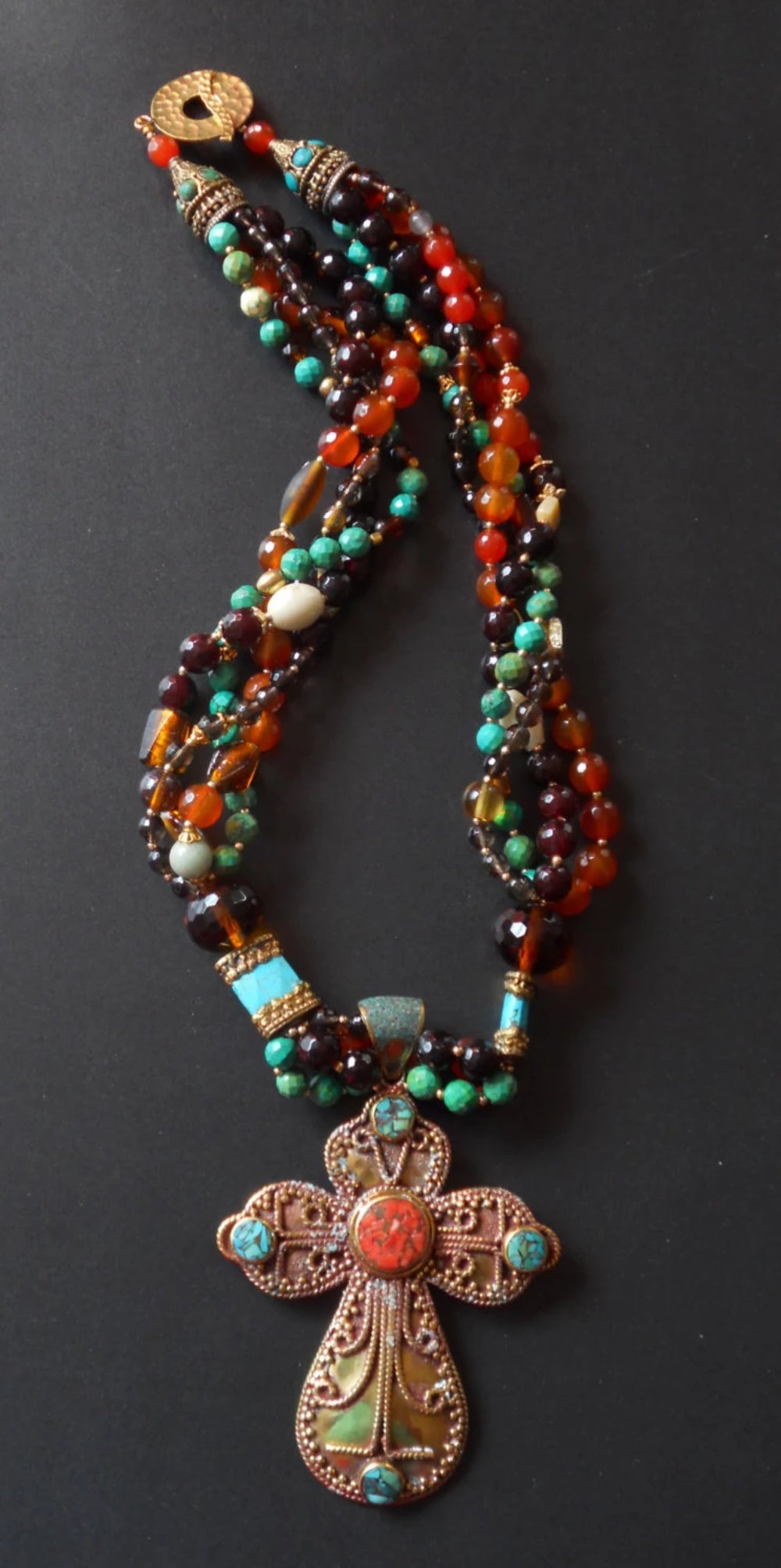 Multistrand Carnelian, Smokey Quartz, Turquoise Necklace with Solid Brass Coral and Turquoise Inlaid Cross Pendant, MB101723: The Grail