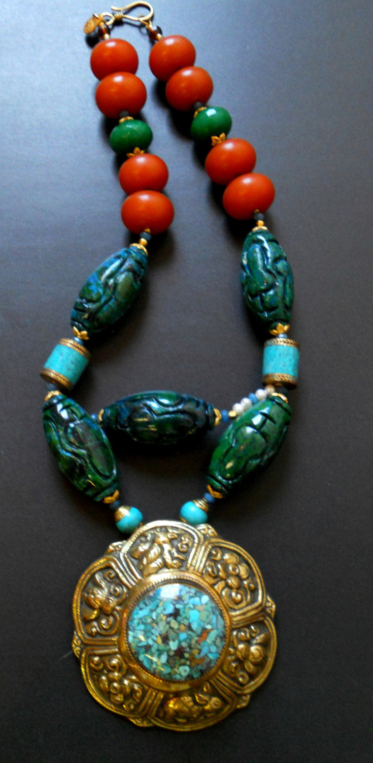 Mosaic Turquoise Dark Orange Amber Green Chrysocolla Pearl Brass Repousee Statement Necklace, NRR1532 SaRa Necklace