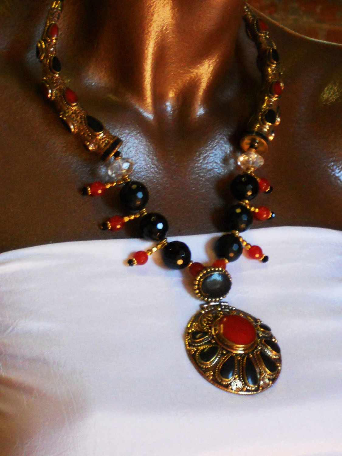Carnelian Horn Shaped Focal Onyx Smokey Quartz Handmade Nepalese Pendant Red Black Statement Necklace Divinite Jewellry