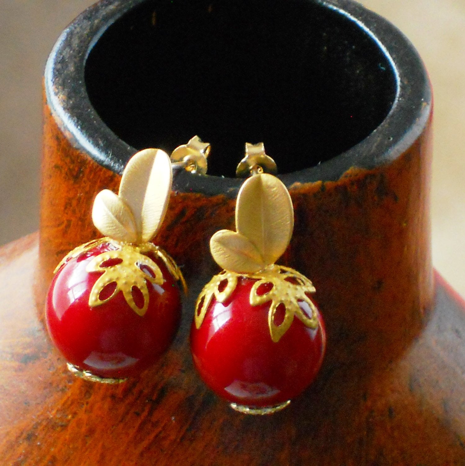 Round  Bright Apple Red Shell Pearl Coral Matte Gold Leaf Earring Post Filigree Cap Earrings Divinite Jewellry