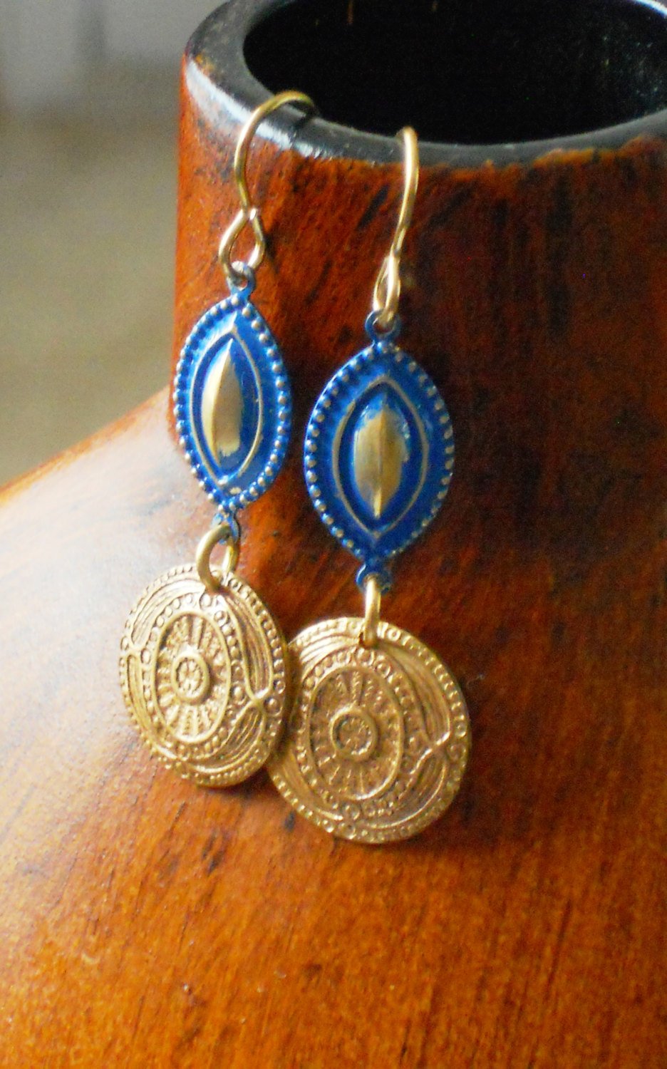 Greek Inspired Royal Blue Patina Coin Brass Dangle Earrings, ELO16923: Lazuli Earrings