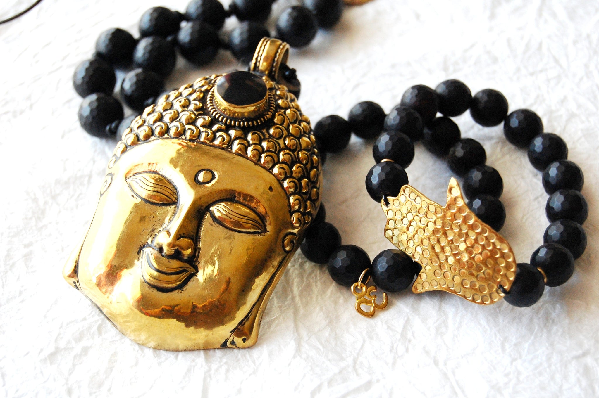 Large Brass Buddha Head Pendant Matte Black Onyx Gold Brass Hammered Coins Adjustable Necklace Divinite Jewellry