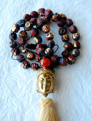 Terracotta Clay Bead Buddha Prayer Beads and Solid Brass Buddha Adjustable Tassel Zen Yoga Inspired Necklace, ZL04175 Little Buddha