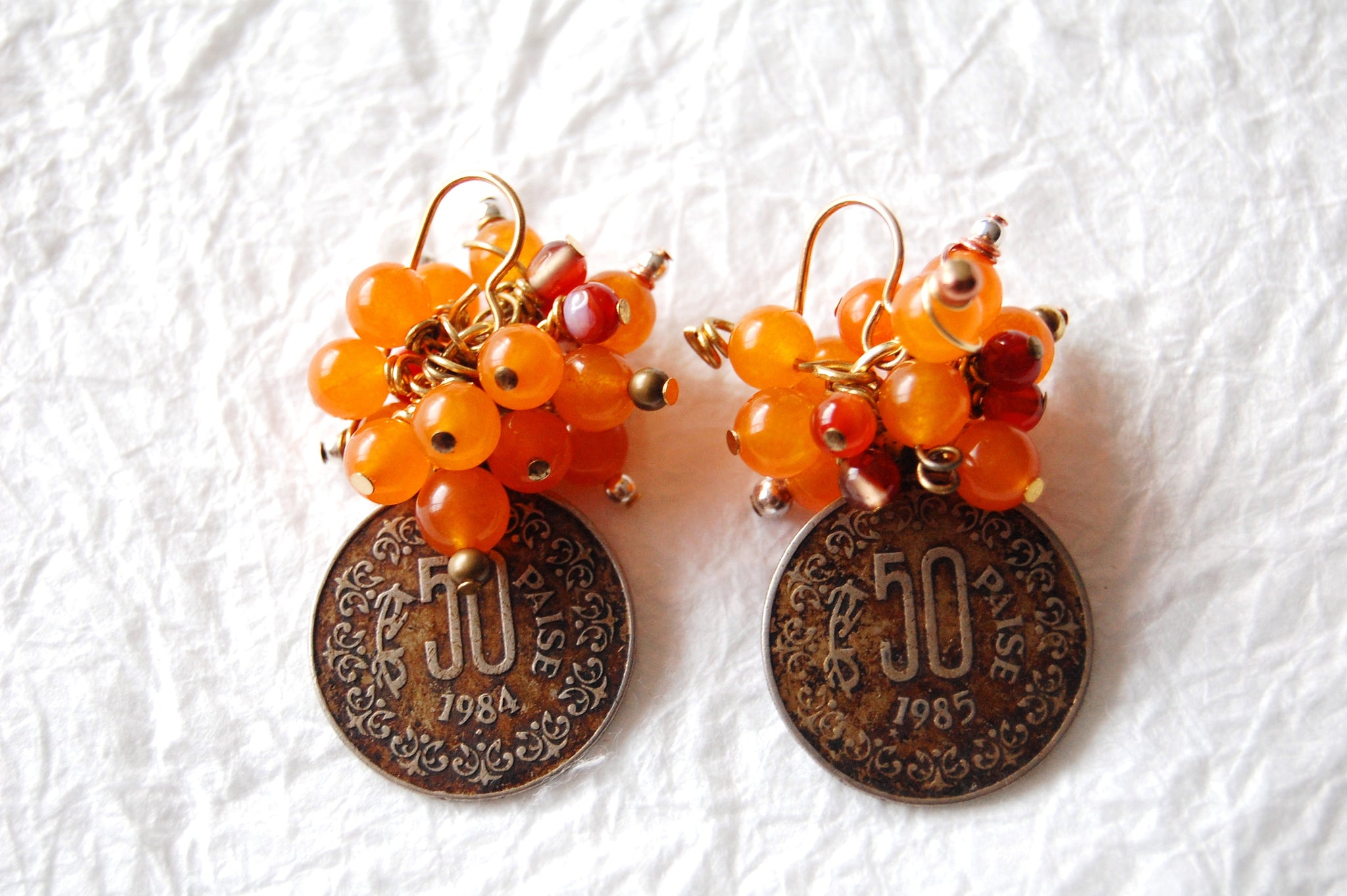 Mandarin Orange Dyed Jade Vintage Paisa Coin Earrings, E041710 Paisa