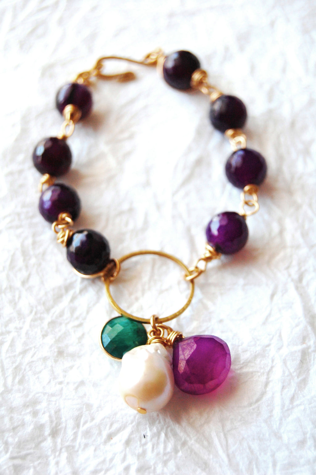Purple Agate Hand Wire-wrapped Jade Mystic Amethyst Baroque Pearl Bead charms bracelet, E04176 Violet Lotus
