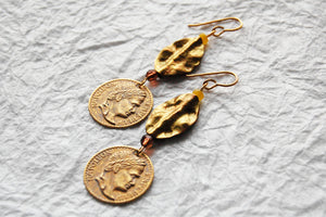 Gold Wavy Hammered Solid Brass Leaf & Greek Coin Earrings, E041713 Mykos Earrings