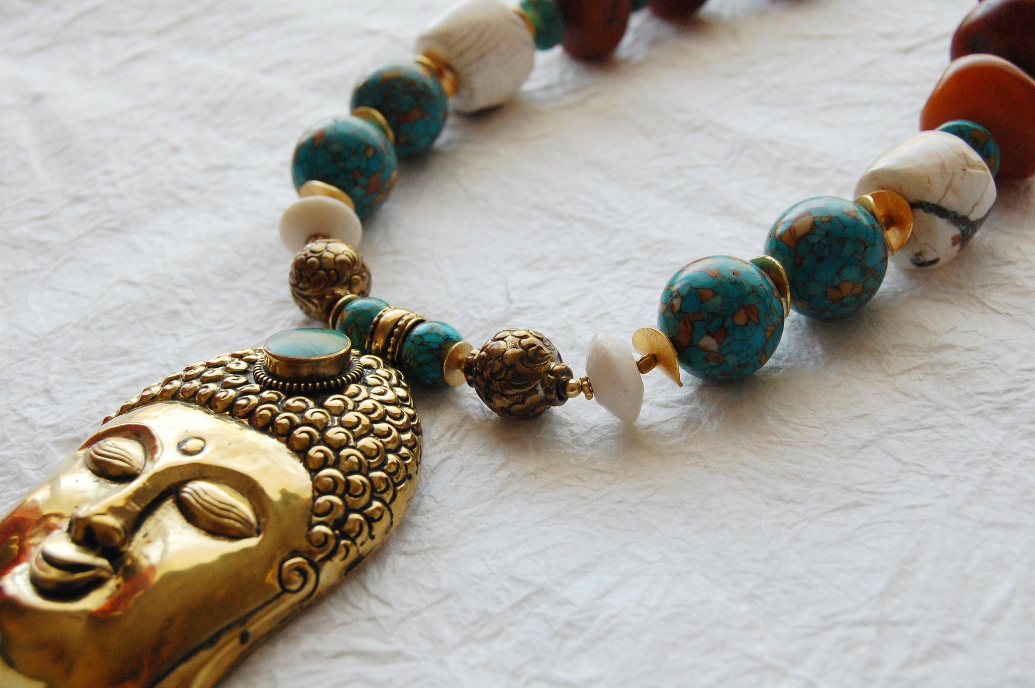 Mosaic Turquoise and Conch Shell Chunky Big Bead Large Buddha Head Zen Inspired Necklace, ZL04174 Big Buddha