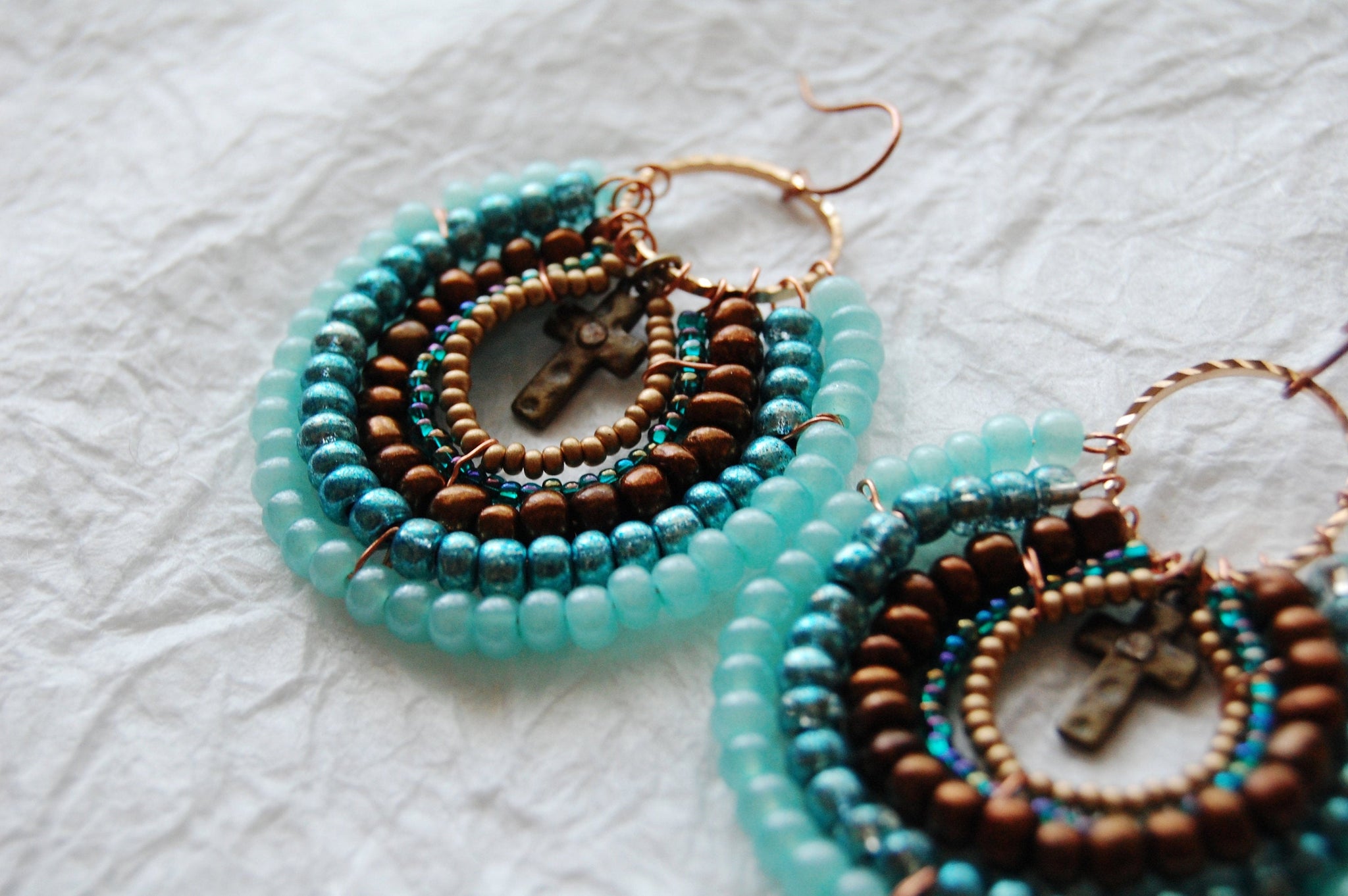 Turquoise Brown and Brass Seed Bead Round Hoop Earrings, E04179 Tropolis