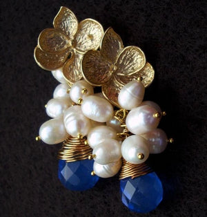 Culture Potato Pearl Cluster Gold Plated Magnolia Bloom Flower Post Crystal Blue Briolette Drop Earrings Divinite Jewellry