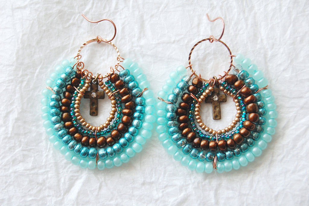 Turquoise Brown and Brass Seed Bead Round Hoop Earrings, E04179 Tropolis