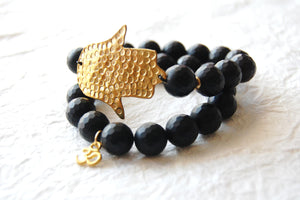 Matte Faceted Onyx Stacking Bracelets with Hammered Brass Hamsa Hand Focal BLO16913