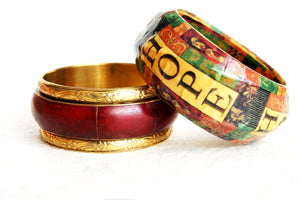 Decoupage Wood Bangle Red Bone Brass Bangle Bracelet Divinite Jewellry