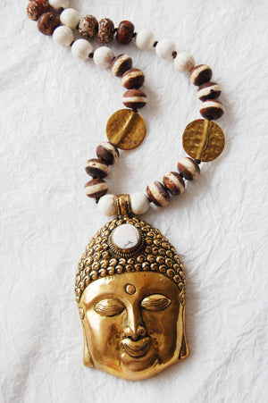 Solid Brass Buddha Head Pendant and White Magnesite Agate Adjustable Zen Inspired Yoga Necklace, ZLO51718 Big Buddha Ivory