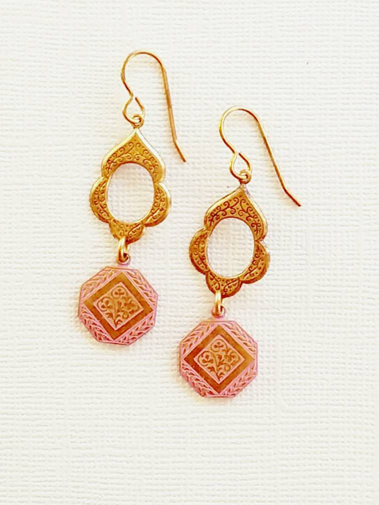 Pink Solid Brass Motif Retro Inspired Earrings, E041716 Mykos Rose
