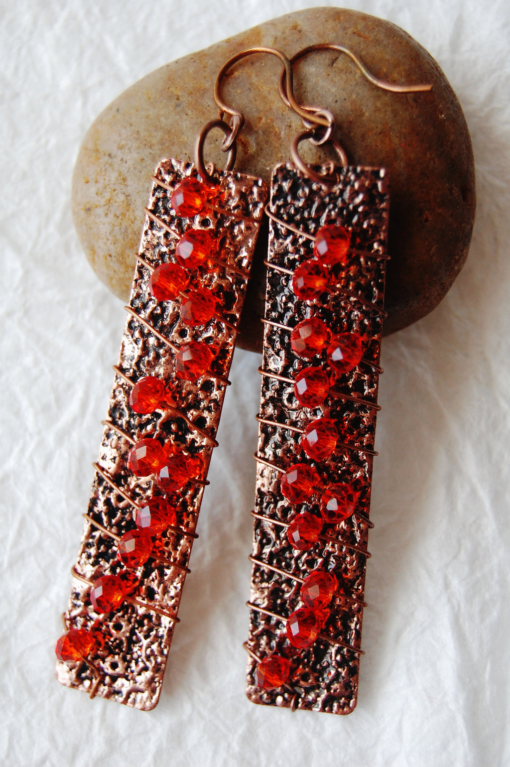 Copper Wired Wrapped Fire Orange Crystal Bicones Earrings, Kindred Family Soul