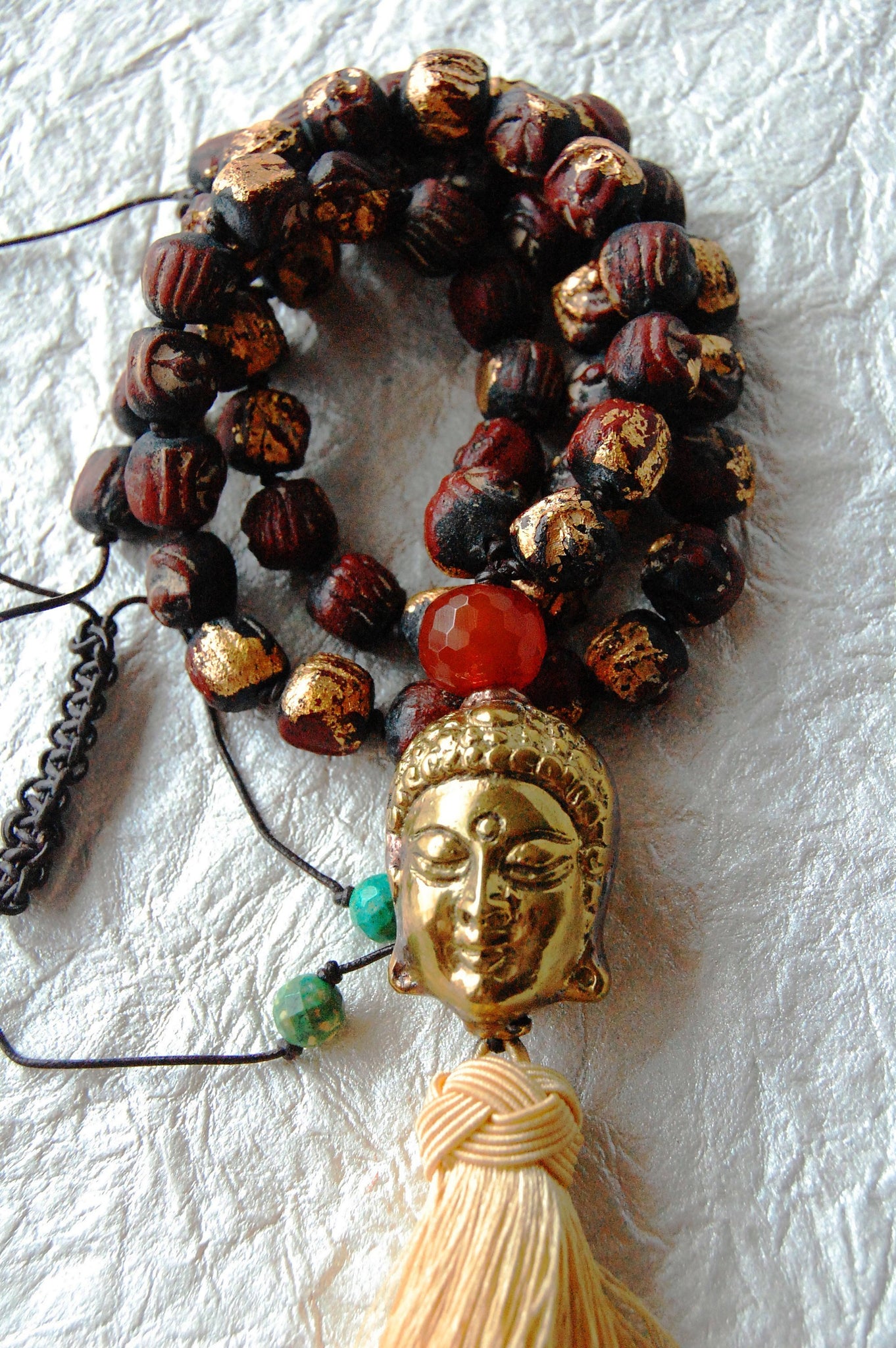 Terracotta Clay Bead Buddha Prayer Beads and Solid Brass Buddha Adjustable Tassel Zen Yoga Inspired Necklace, ZL04175 Little Buddha