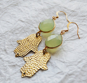 Light Green Chalcedony Gold Bezel and Hammered Brass Hamsa Charm Zen Yoga  Earrings, ZL041715 Lucky Day