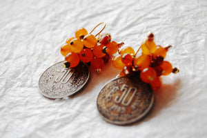 Mandarin Orange Dyed Jade Vintage Paisa Coin Earrings, E041710 Paisa