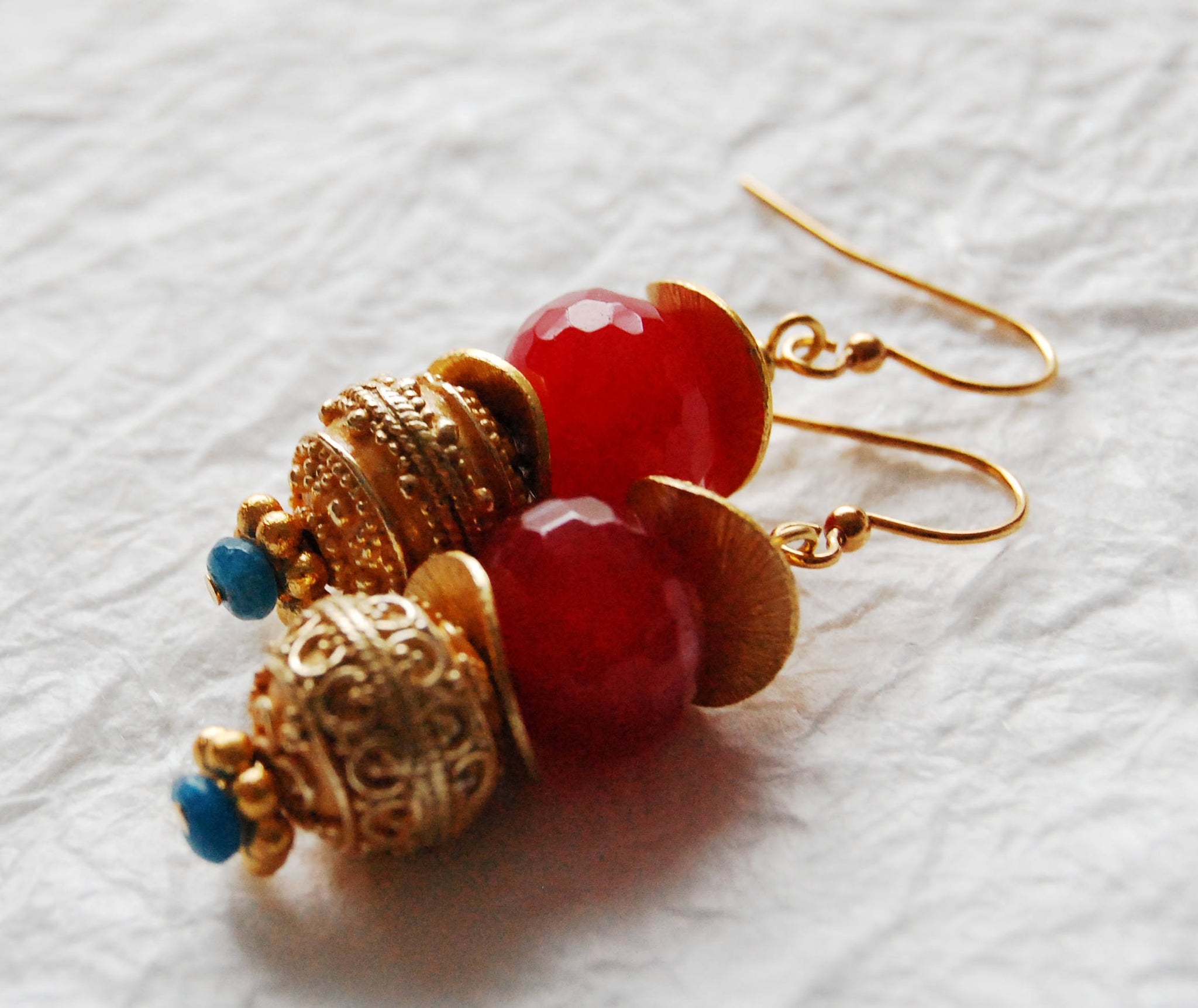 Dyed Jade Fuchsia Rondelle Gold Plated Greek Inspired Drop Earrings Kyra Earrings E041712