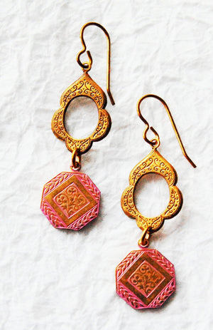 Pink Solid Brass Motif Retro Inspired Earrings, E041716 Mykos Rose