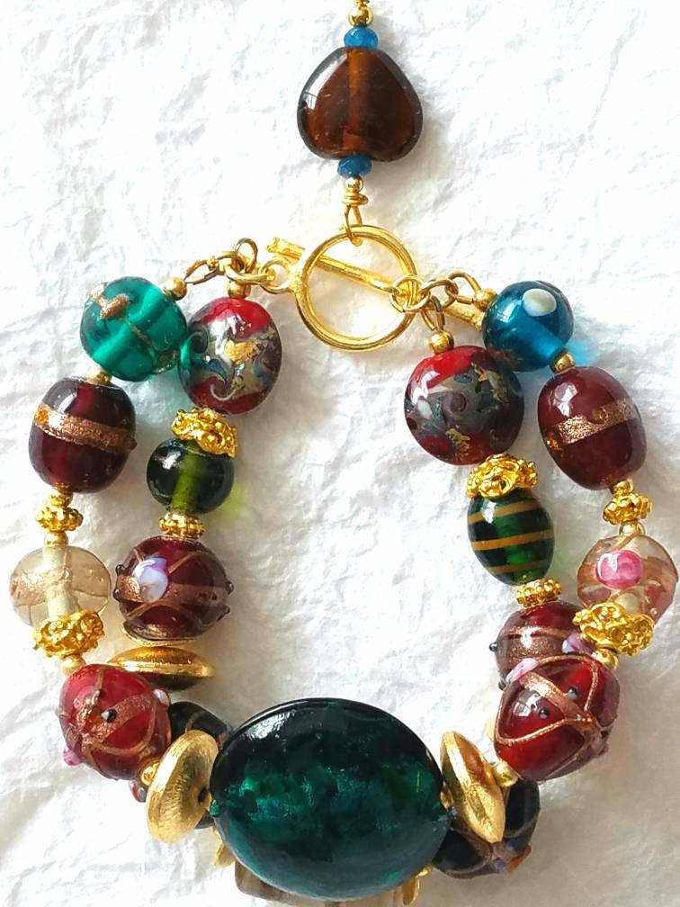 Large Glass Lampwork Lentil Beads Red Green Brown Gold Double Strand Chunky Christmas Bracelet, MB10173: "Deck The Halls"