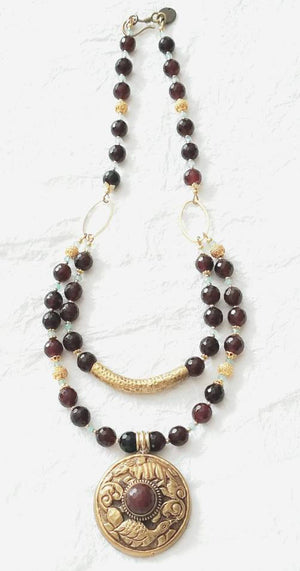 Deep Red Garnet Double Strand Solid Brass Repousee Nepalese Pendant Necklace, MB101710: Sparkling Wines