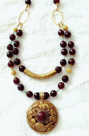 Deep Red Garnet Double Strand Solid Brass Repousee Nepalese Pendant Necklace, MB101710: Sparkling Wines