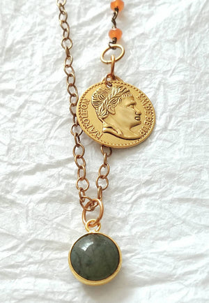 Labradorite and Chalcedony Coin Charm Dainty Necklace, QW091719: So Beautiful Necklace