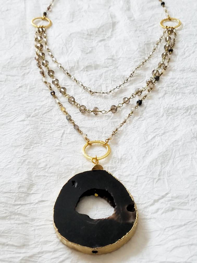 Natural Black Druzy & 14kt Gold Foil Hand Wire Wrapped Chain Agate Multi-Strand Long Necklace, QW101717: Modern Elegance Necklace