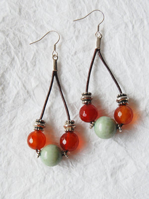 Red Orange Carnelian Dyed Jade and Leather Drop Hoop Earrings, The La Paz Earrings