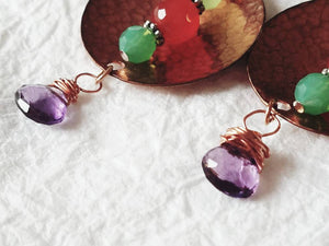 Solid Hammered Copper Carnelian and Amethyst Earrings, QW091720: Navajo Sun & Land
