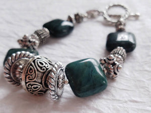 Green Jasper Puffy Square Silver Bali Beads Toggle Clasp Statement Bracelet Divinite Jewellry