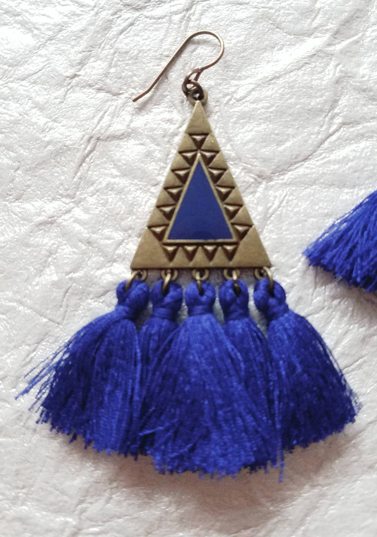 Royal Blue Fringe Triangle Fashionable Statement Dangle Earrings, MB101732 Iso Earrings