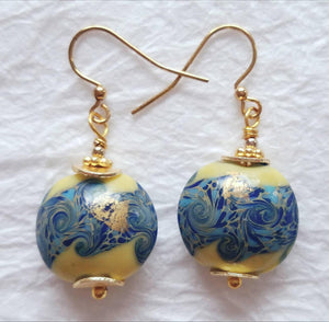 Yellow and Blue Lampwork Lentil Bead Earrings Ocean Theme MB1017: Sunny Oceanside Holiday Earrings