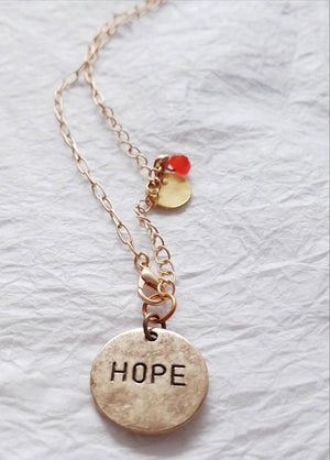 Inspirational Carnelian Rondelle Hope Charm Matte Goldtone Necklace, MB101726: Season of Hope