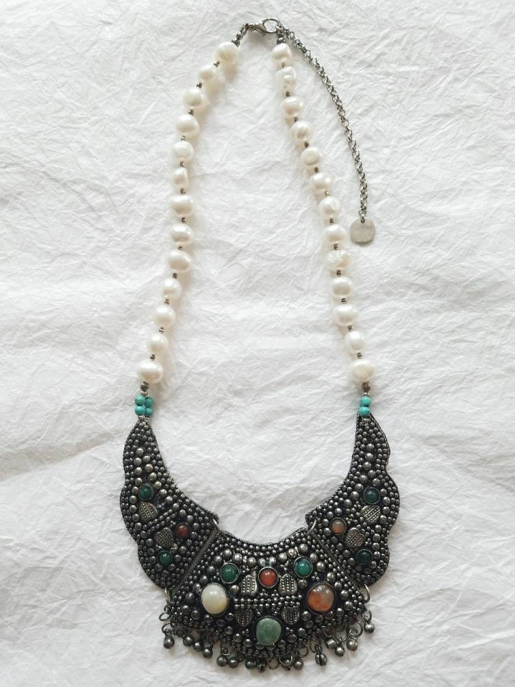 Freshwater Pearl Carnelian and Green Agate Afghani Bib Fringe Necklace, The Venice